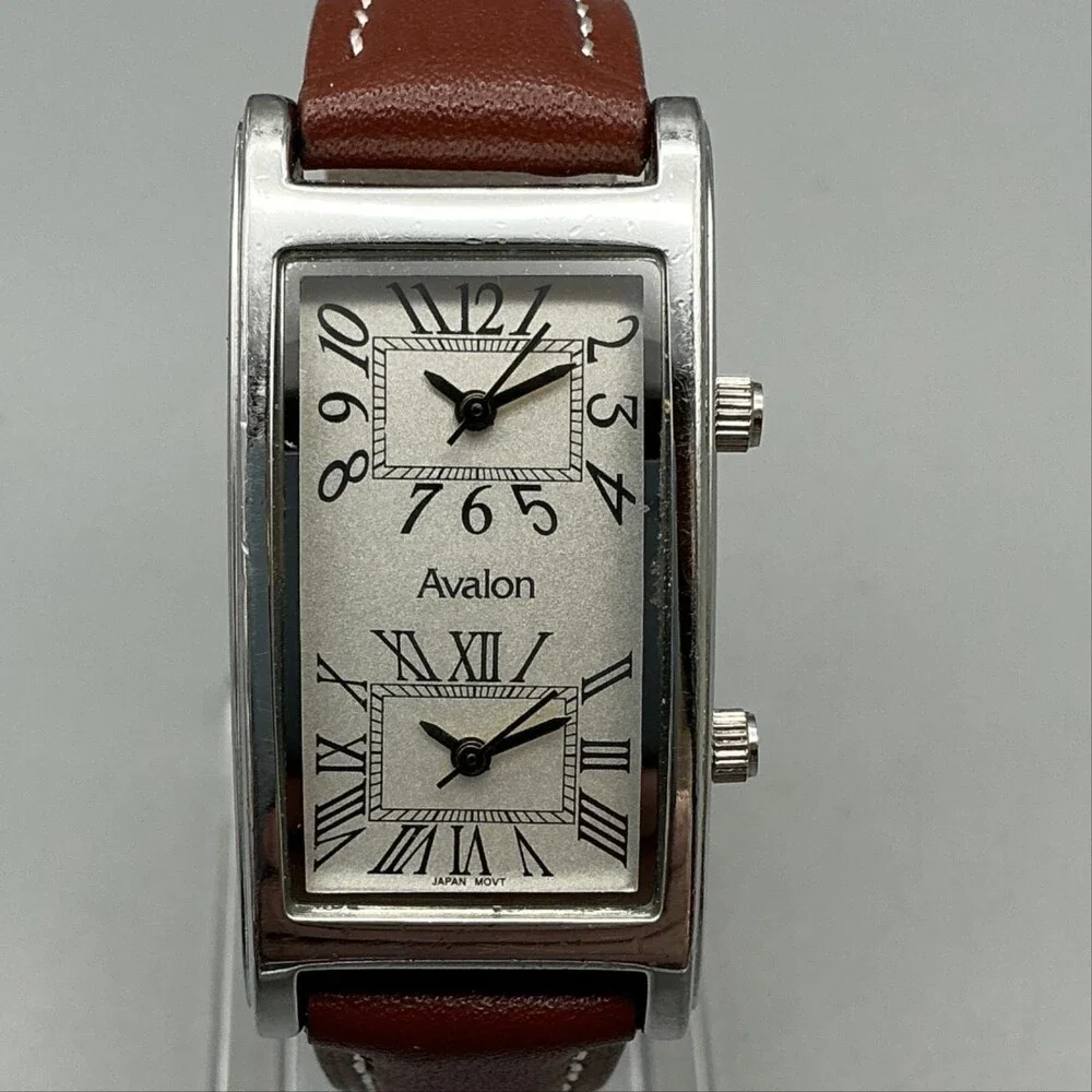 Avalon Dual Time Womens Watch 23mm Silver Dial Brown Leather Strap New Battery